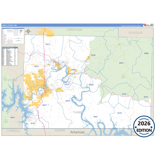 Taney County, MO Business Reference 5 Digit ZIP Code Wall Map