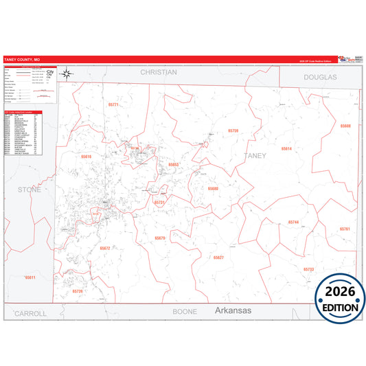 Taney County, MO Red Line 5 Digit ZIP Code Wall Map