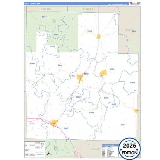 Texas County, MO Business Reference 5 Digit ZIP Code Wall Map