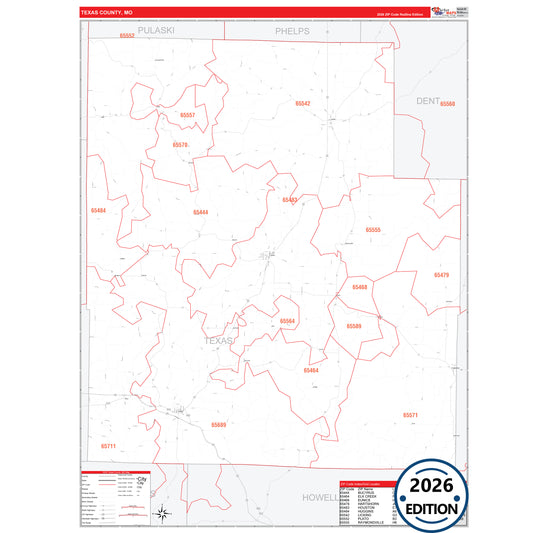 Texas County, MO Red Line 5 Digit ZIP Code Wall Map