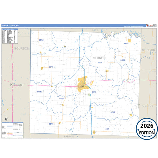 Vernon County, MO Business Reference 5 Digit ZIP Code Wall Map