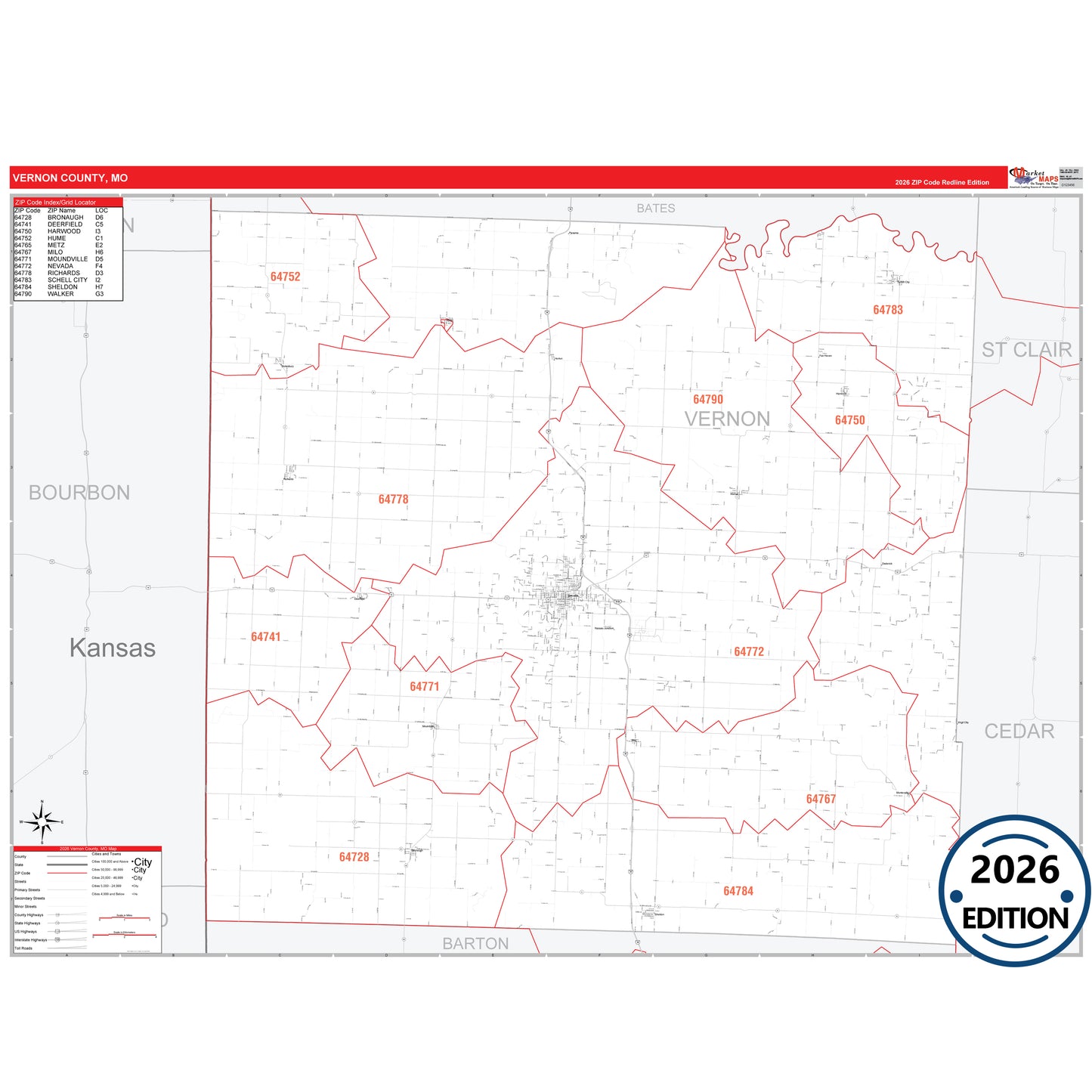 Vernon County, MO Red Line 5 Digit ZIP Code Wall Map