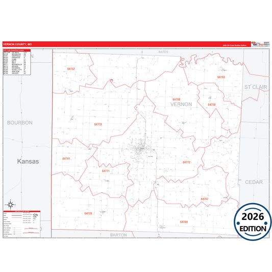 Vernon County, MO Red Line 5 Digit ZIP Code Wall Map