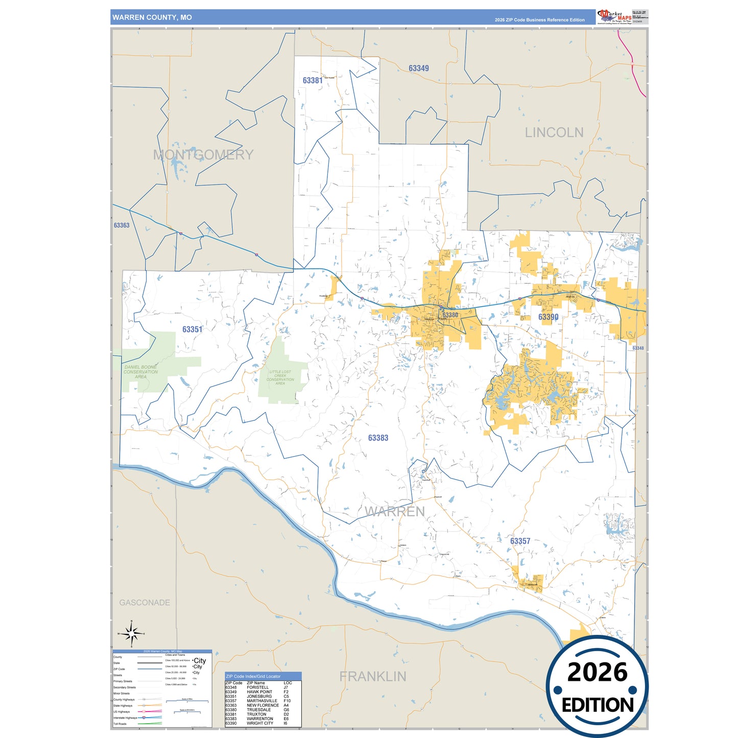 Warren County, MO Business Reference 5 Digit ZIP Code Wall Map