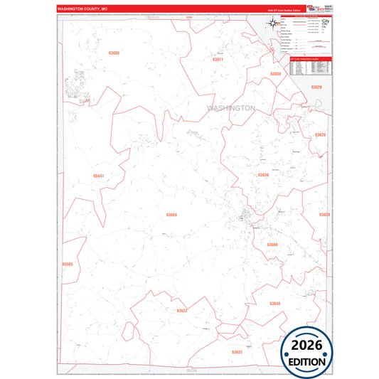 Washington County, MO Red Line 5 Digit ZIP Code Wall Map