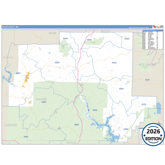 Wayne County, MO Business Reference 5 Digit ZIP Code Wall Map