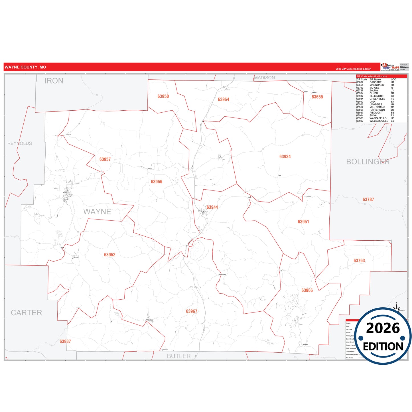 Wayne County, MO Red Line 5 Digit ZIP Code Wall Map