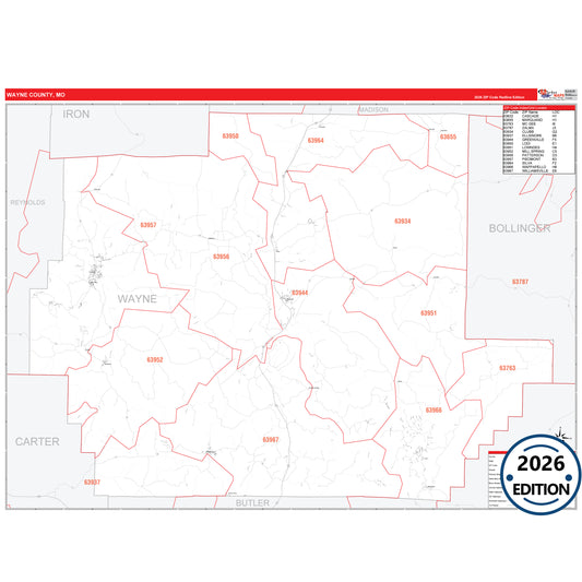 Wayne County, MO Red Line 5 Digit ZIP Code Wall Map