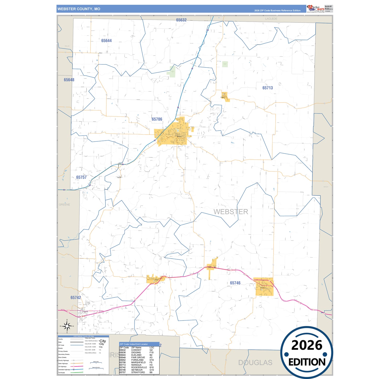 Webster County, MO Business Reference 5 Digit ZIP Code Wall Map