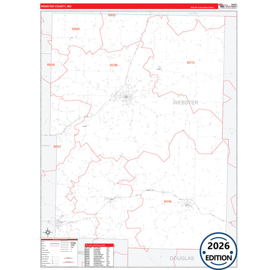 Webster County, MO Red Line 5 Digit ZIP Code Wall Map