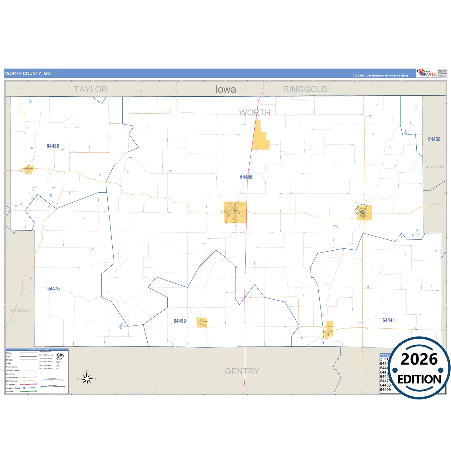 Worth County, MO Business Reference 5 Digit ZIP Code Wall Map