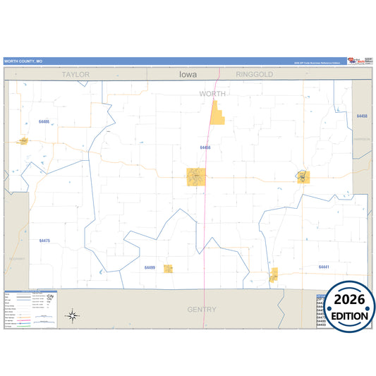 Worth County, MO Business Reference 5 Digit ZIP Code Wall Map