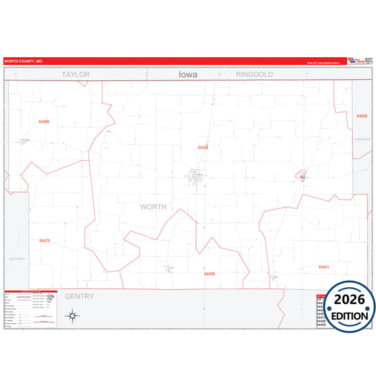 Worth County, MO Red Line 5 Digit ZIP Code Wall Map