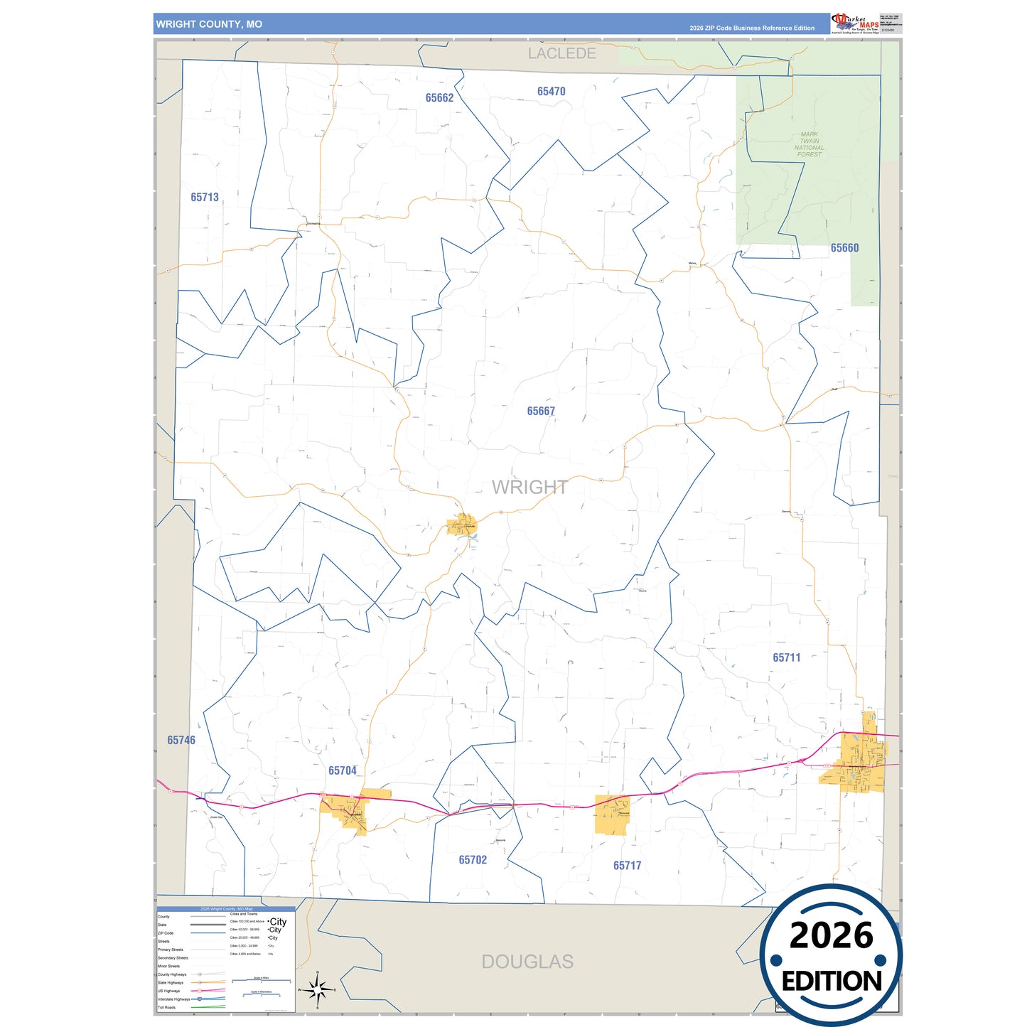 Wright County, MO Business Reference 5 Digit ZIP Code Wall Map
