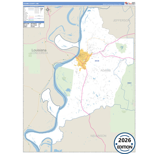 Adams County, MS Business Reference 5 Digit ZIP Code Wall Map