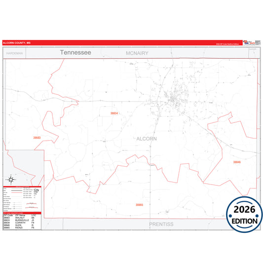Alcorn County, MS Red Line 5 Digit ZIP Code Wall Map