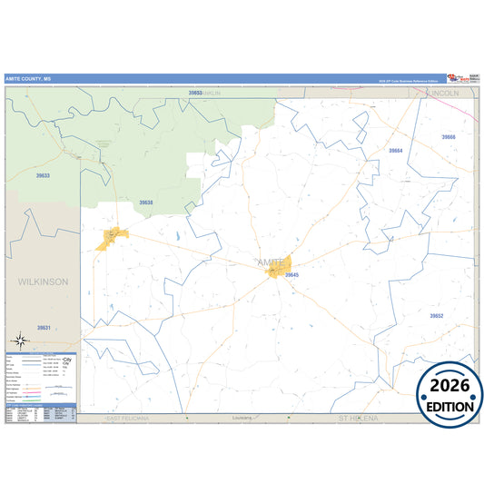 Amite County, MS Business Reference 5 Digit ZIP Code Wall Map