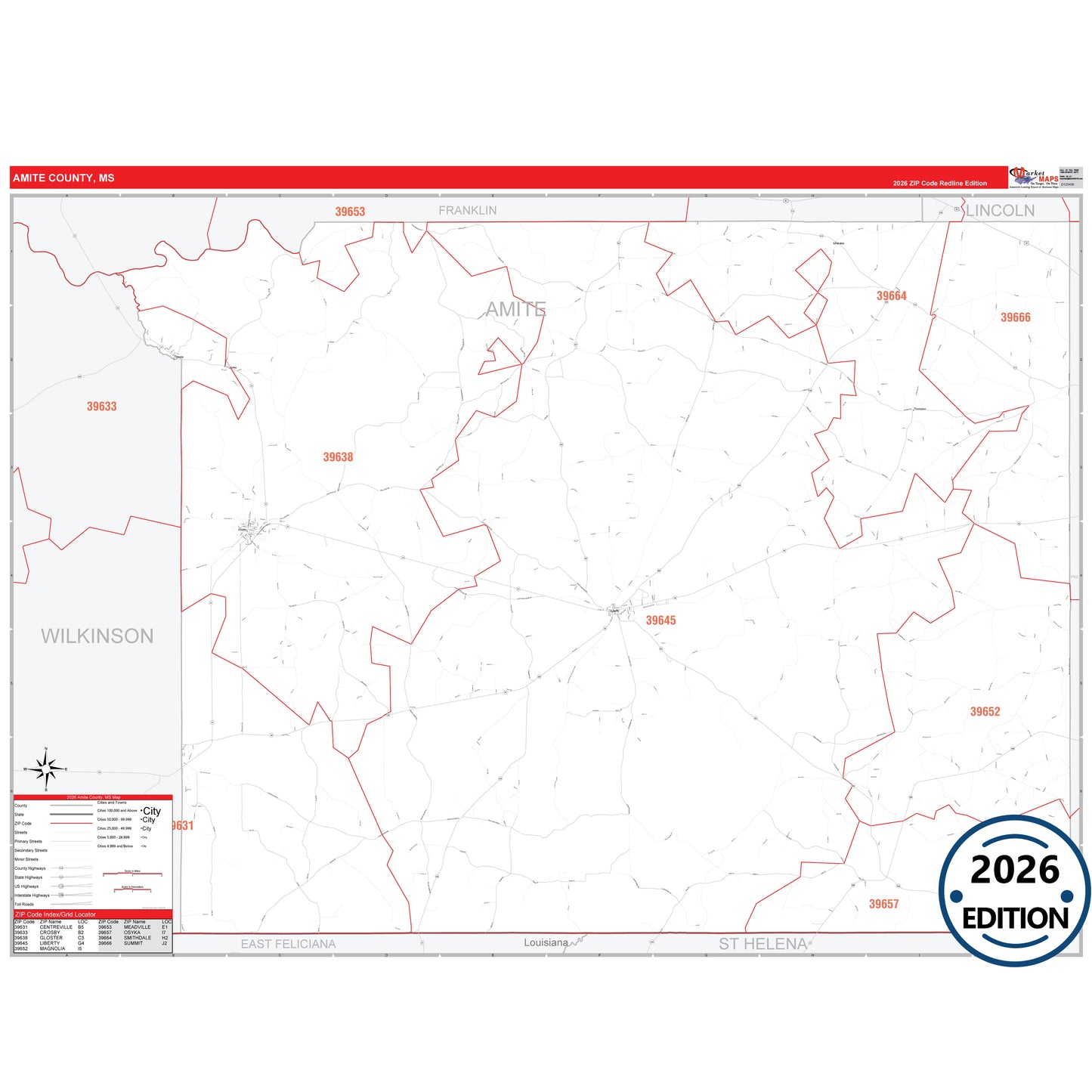 Amite County, MS Red Line 5 Digit ZIP Code Wall Map