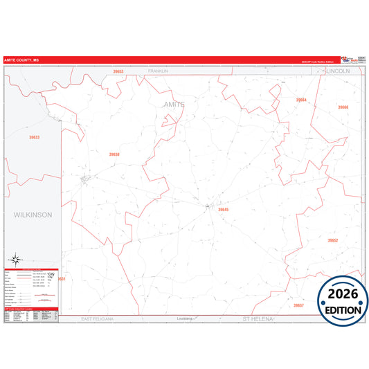 Amite County, MS Red Line 5 Digit ZIP Code Wall Map