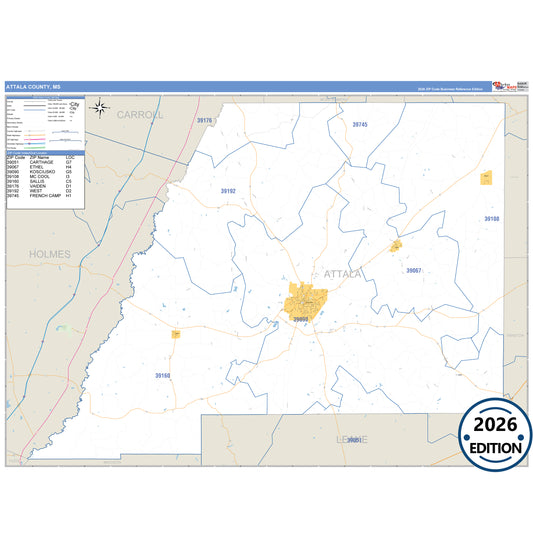 Attala County, MS Business Reference 5 Digit ZIP Code Wall Map