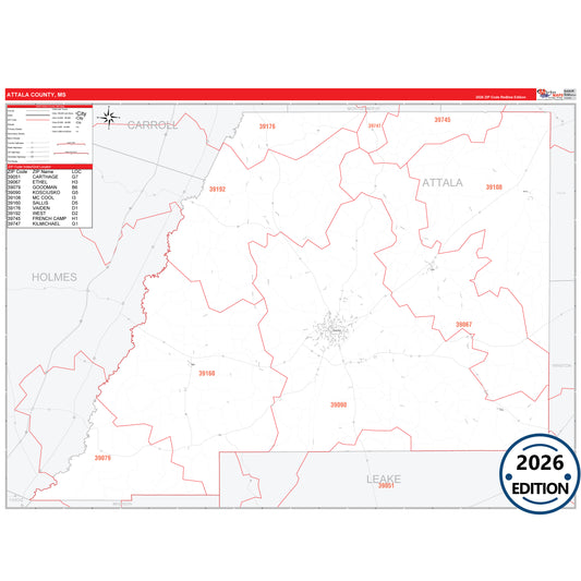 Attala County, MS Red Line 5 Digit ZIP Code Wall Map
