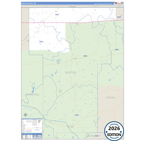 Benton County, MS Business Reference 5 Digit ZIP Code Wall Map