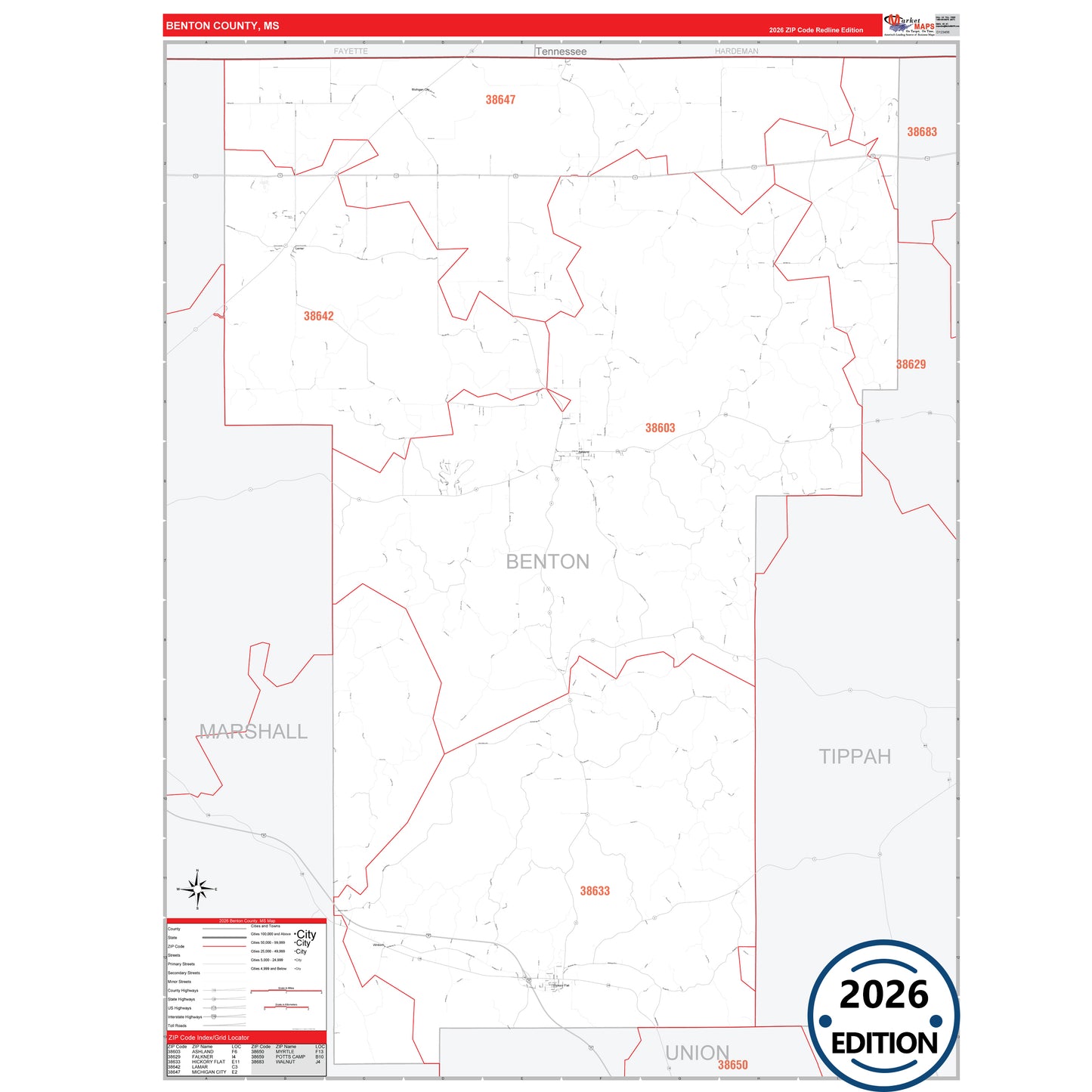 Benton County, MS Red Line 5 Digit ZIP Code Wall Map