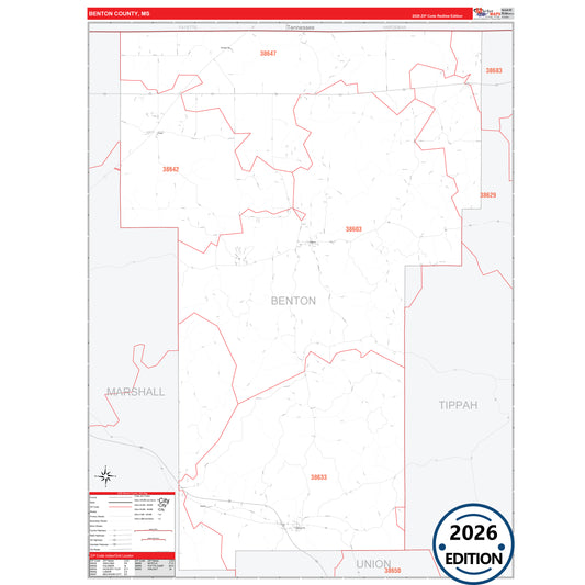 Benton County, MS Red Line 5 Digit ZIP Code Wall Map
