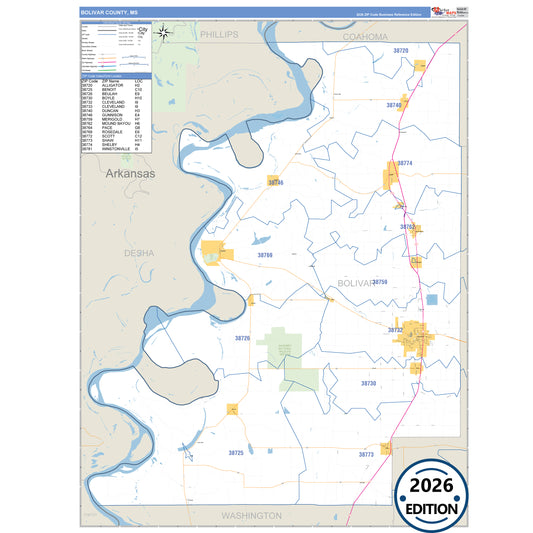 Bolivar County, MS Business Reference 5 Digit ZIP Code Wall Map