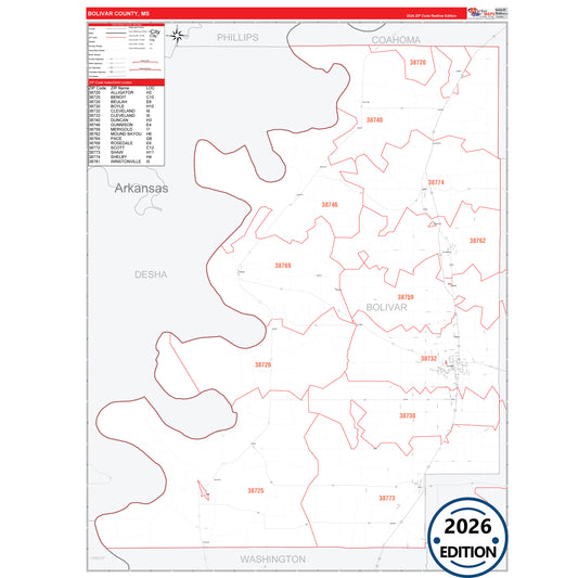 Bolivar County, MS Red Line 5 Digit ZIP Code Wall Map