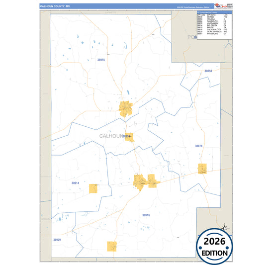Calhoun County, MS Business Reference 5 Digit ZIP Code Wall Map