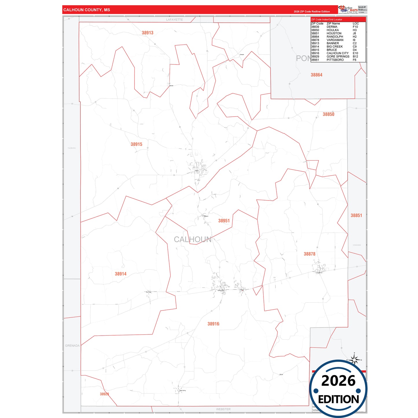Calhoun County, MS Red Line 5 Digit ZIP Code Wall Map