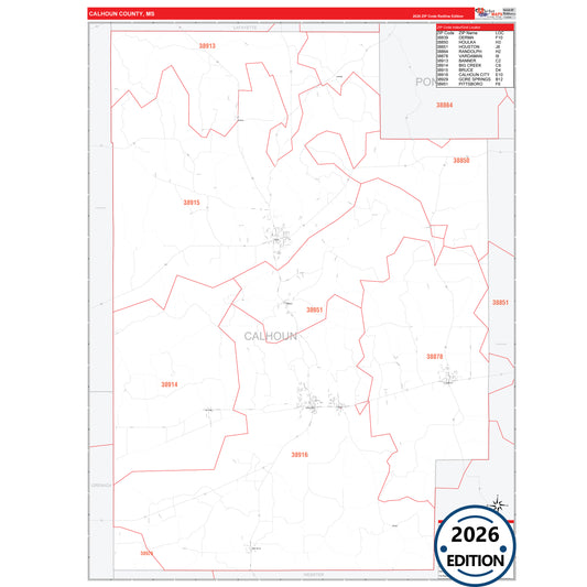 Calhoun County, MS Red Line 5 Digit ZIP Code Wall Map