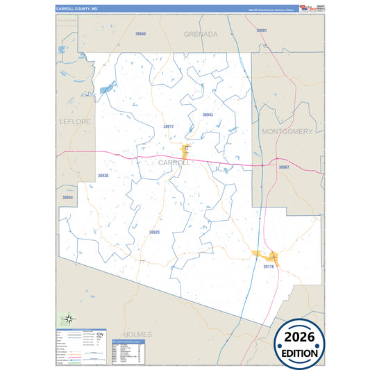 Carroll County, MS Business Reference 5 Digit ZIP Code Wall Map