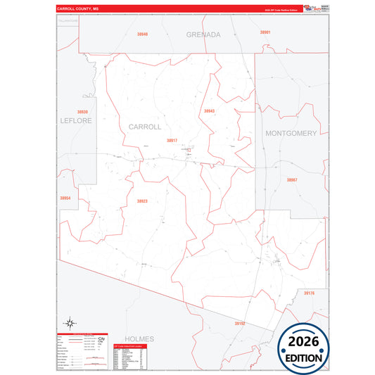 Carroll County, MS Red Line 5 Digit ZIP Code Wall Map
