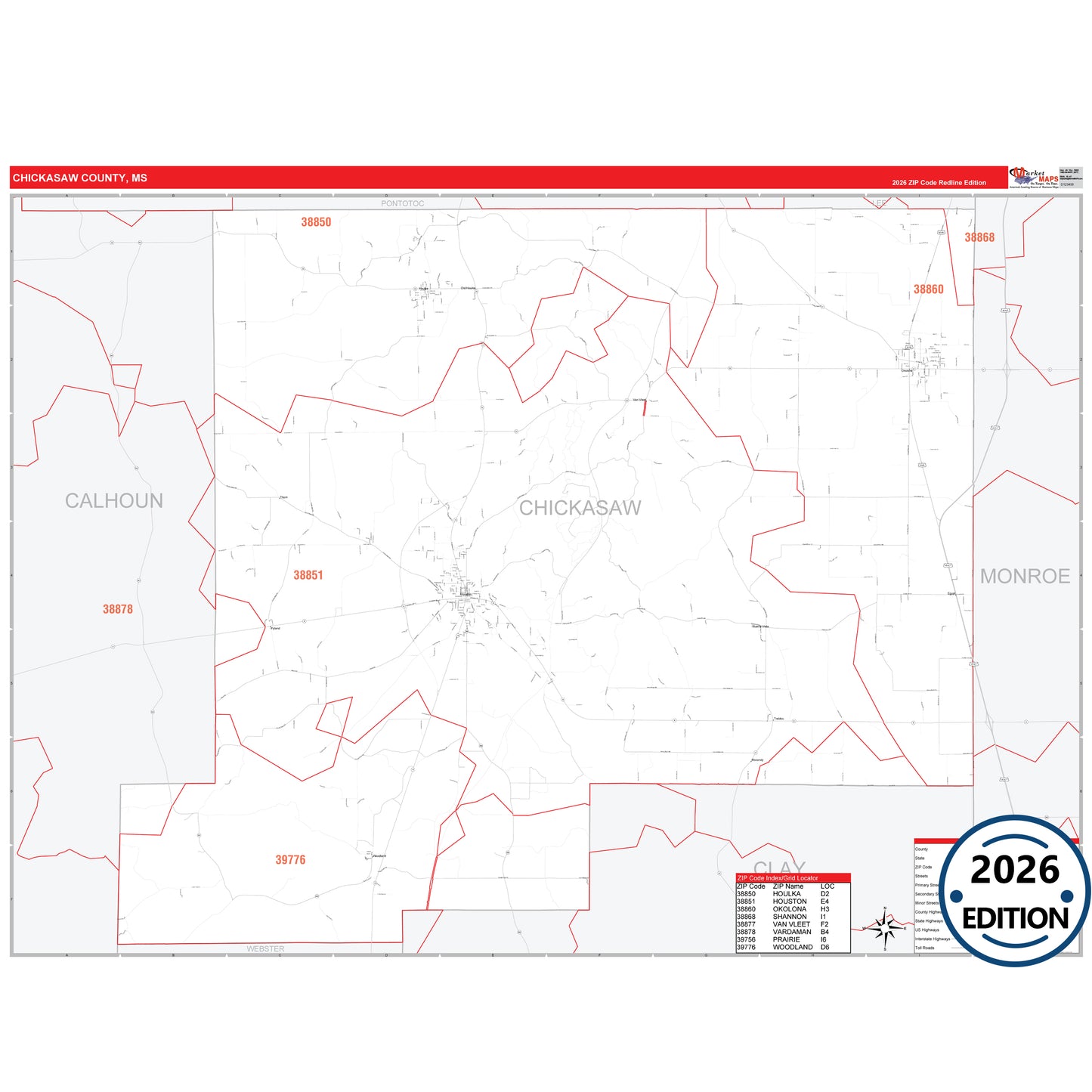 Chickasaw County, MS Red Line 5 Digit ZIP Code Wall Map