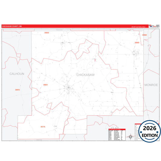 Chickasaw County, MS Red Line 5 Digit ZIP Code Wall Map