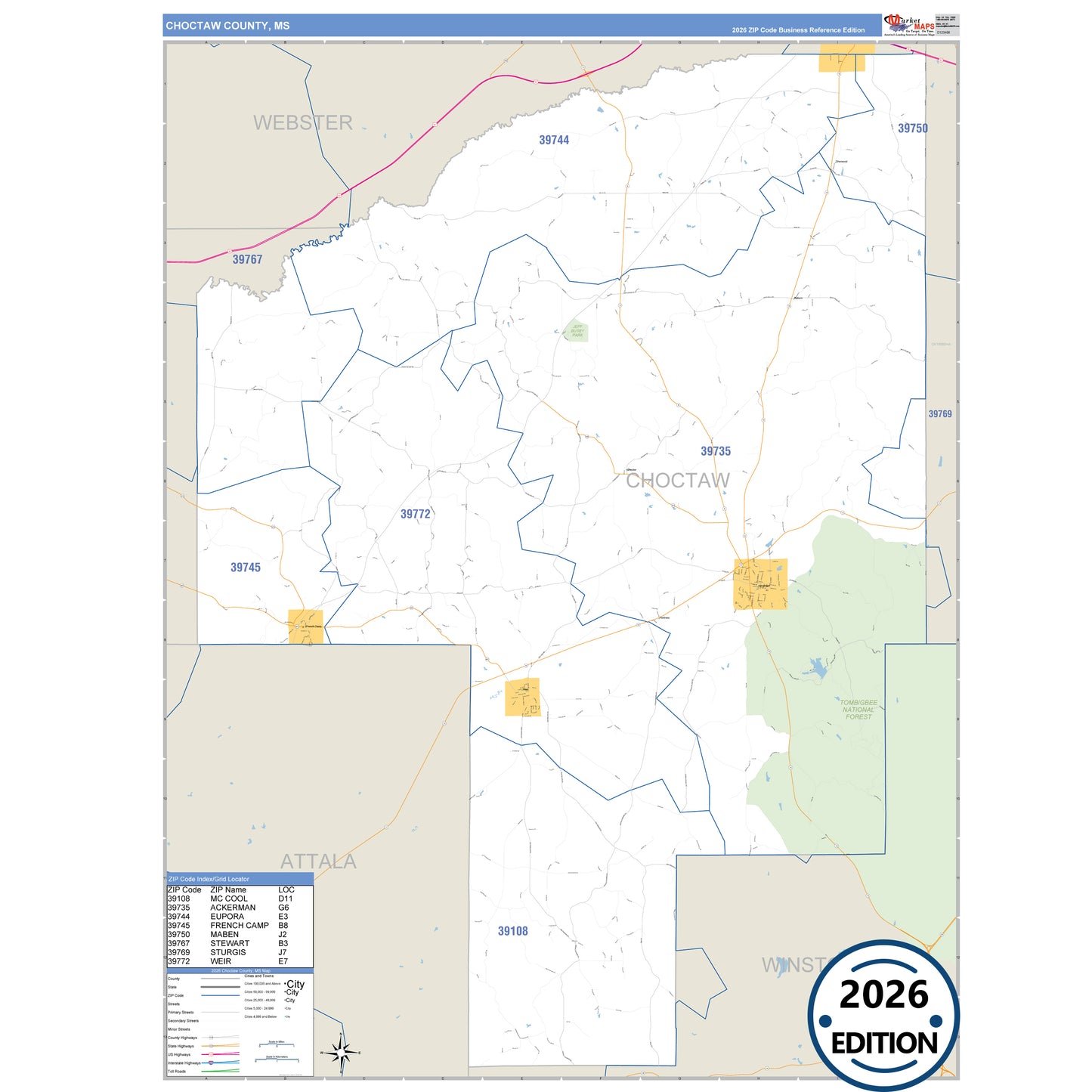Choctaw County, MS Business Reference 5 Digit ZIP Code Wall Map