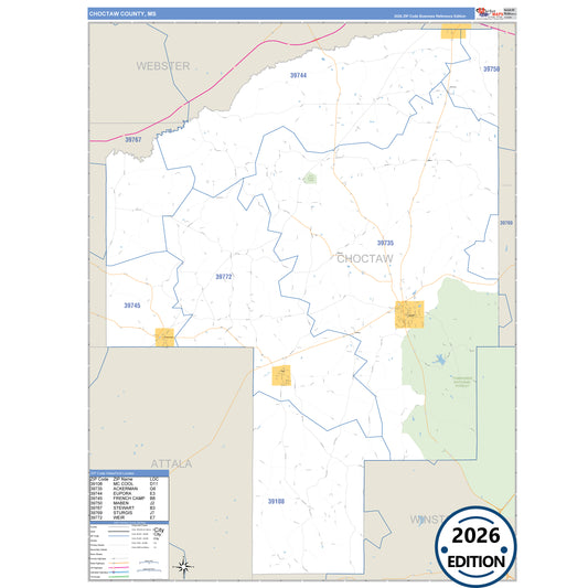 Choctaw County, MS Business Reference 5 Digit ZIP Code Wall Map
