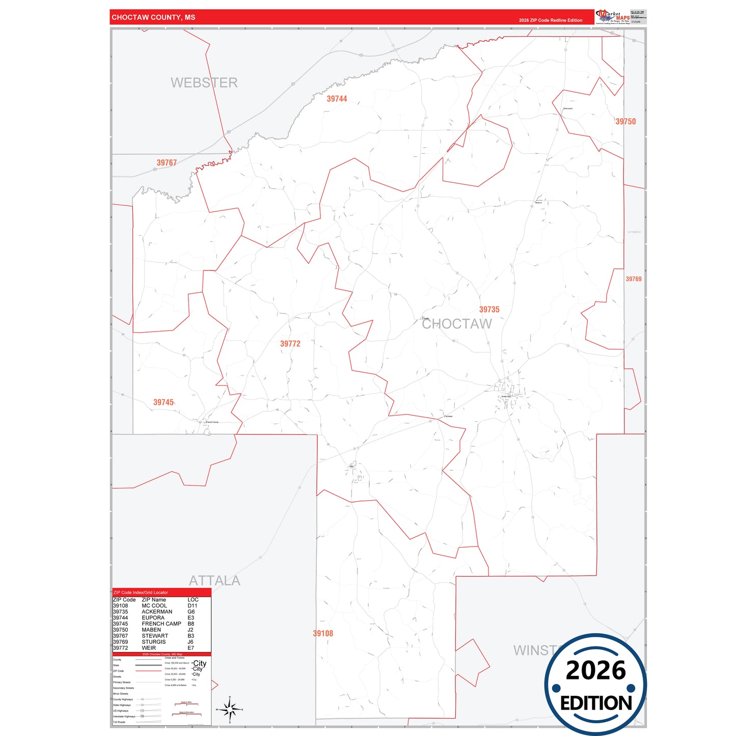 Choctaw County, MS Red Line 5 Digit ZIP Code Wall Map