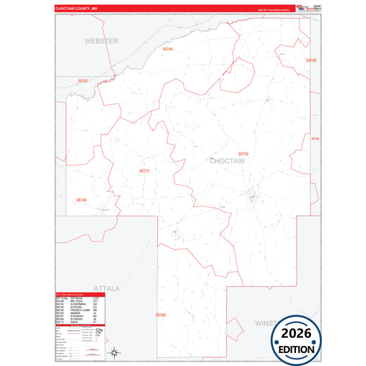 Choctaw County, MS Red Line 5 Digit ZIP Code Wall Map