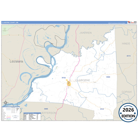 Claiborne County, MS Business Reference 5 Digit ZIP Code Wall Map