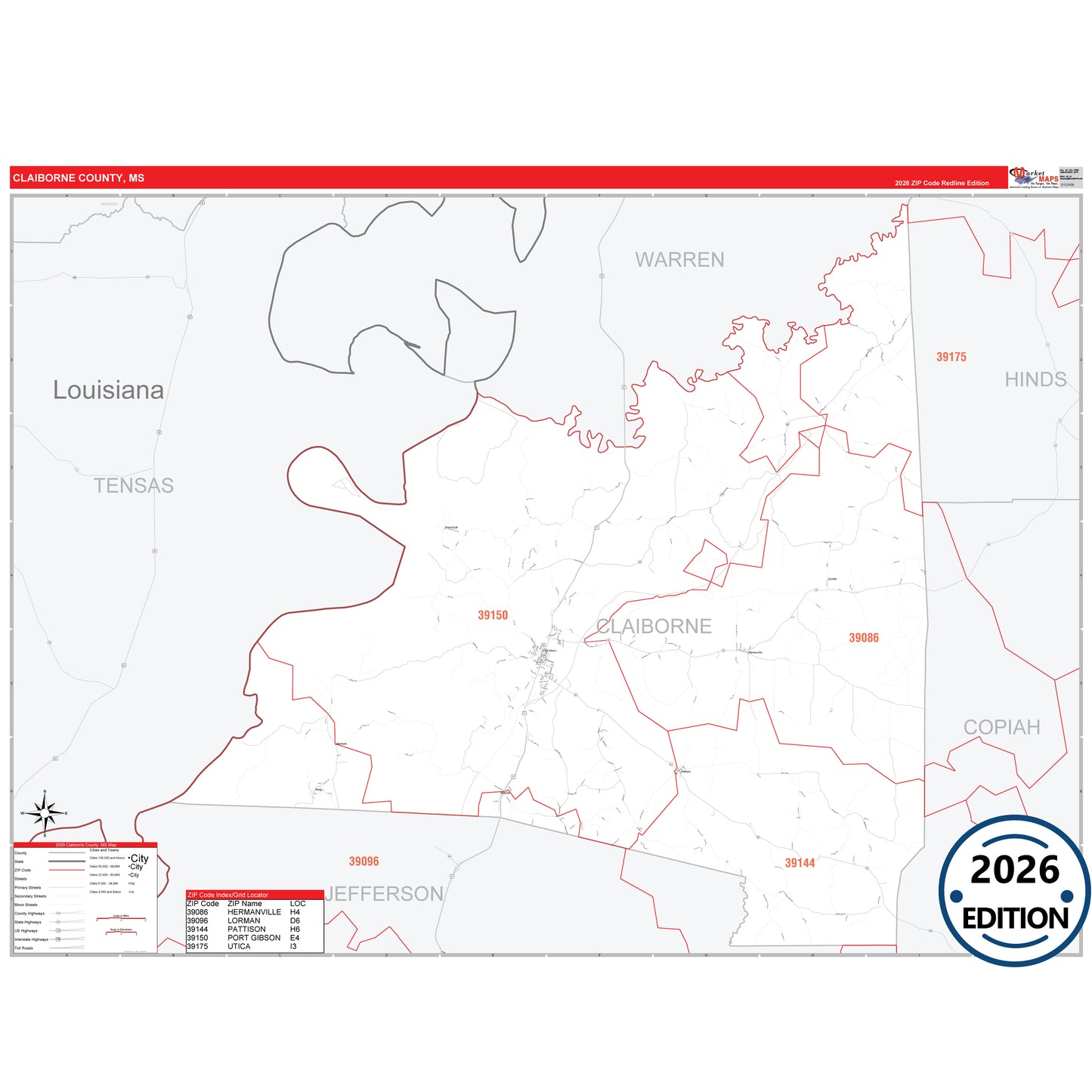 Claiborne County, MS Red Line 5 Digit ZIP Code Wall Map