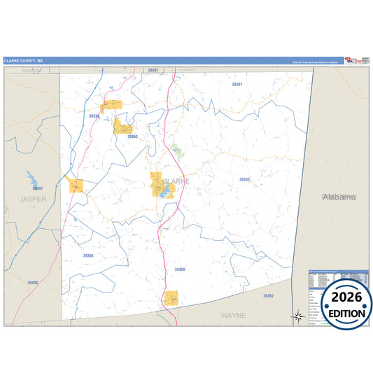 Clarke County, MS Business Reference 5 Digit ZIP Code Wall Map