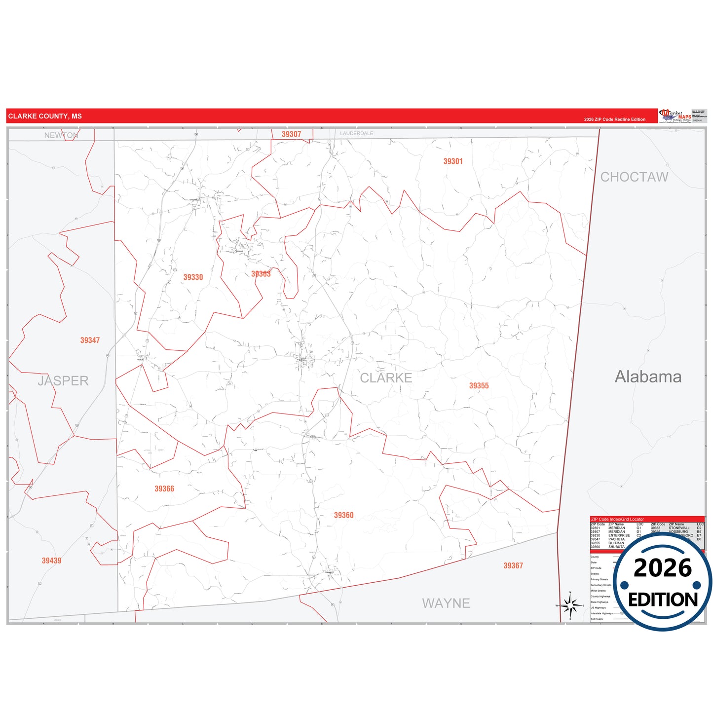 Clarke County, MS Red Line 5 Digit ZIP Code Wall Map