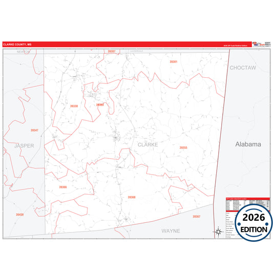 Clarke County, MS Red Line 5 Digit ZIP Code Wall Map