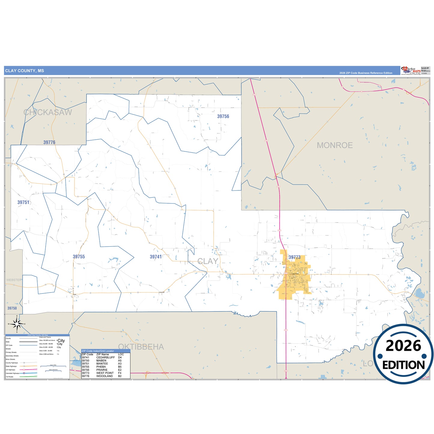 Clay County, MS Business Reference 5 Digit ZIP Code Wall Map