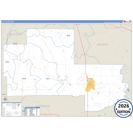 Clay County, MS Business Reference 5 Digit ZIP Code Wall Map