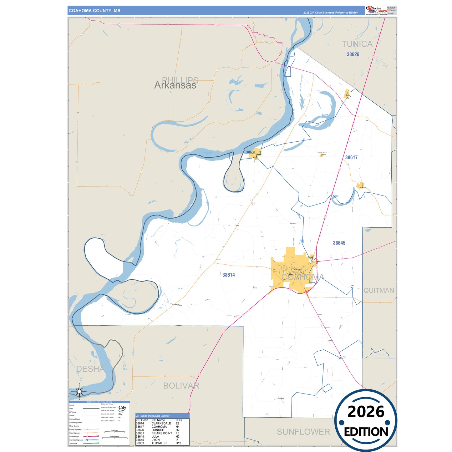 Coahoma County, MS Business Reference 5 Digit ZIP Code Wall Map
