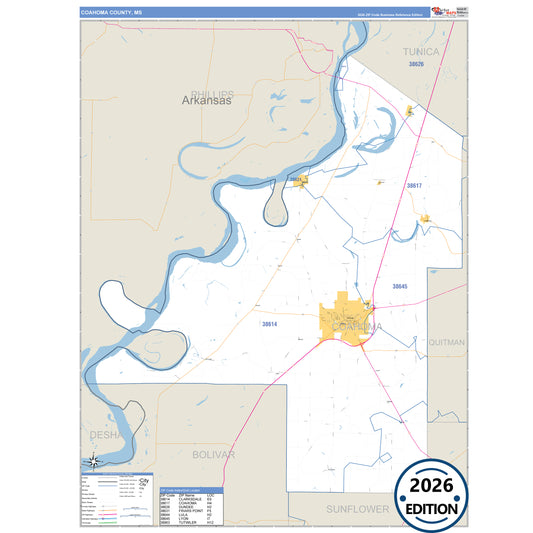Coahoma County, MS Business Reference 5 Digit ZIP Code Wall Map